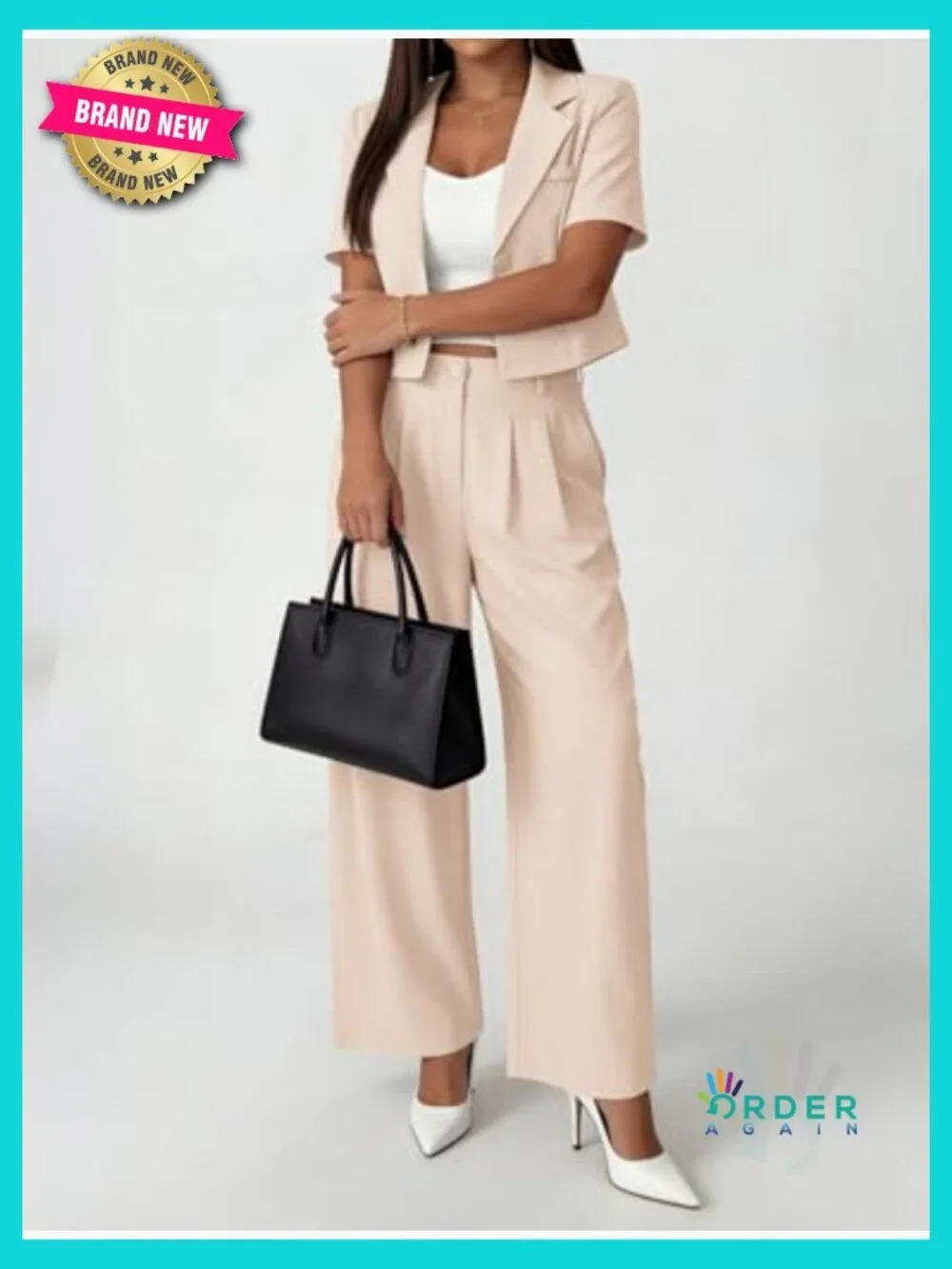 Cropped Blazer Wide Leg Pants Set Business Casual Office Outfit Polyester